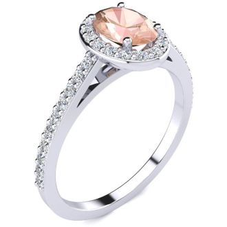 1 Carat Oval Shape Morganite and Halo Diamond Ring In 14 Karat White Gold