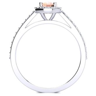 1 Carat Oval Shape Morganite and Halo Diamond Ring In 14 Karat White Gold