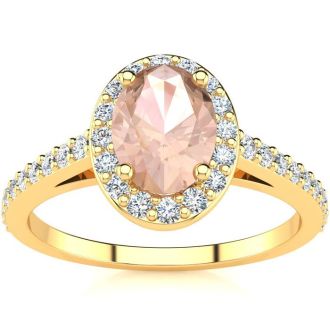 1 Carat Oval Shape Morganite and Halo Diamond Ring In 14 Karat Yellow Gold