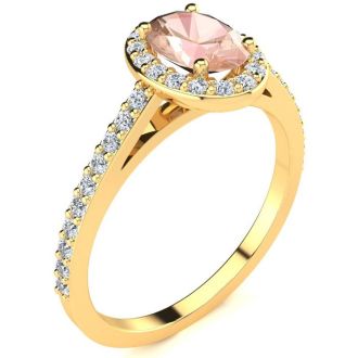 1 Carat Oval Shape Morganite and Halo Diamond Ring In 14 Karat Yellow Gold