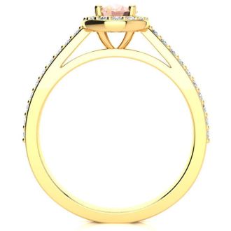 1 Carat Oval Shape Morganite and Halo Diamond Ring In 14 Karat Yellow Gold