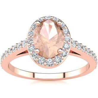 1 Carat Oval Shape Morganite and Halo Diamond Ring In 14 Karat Rose Gold