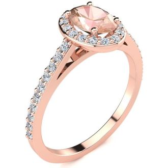 1 Carat Oval Shape Morganite and Halo Diamond Ring In 14 Karat Rose Gold