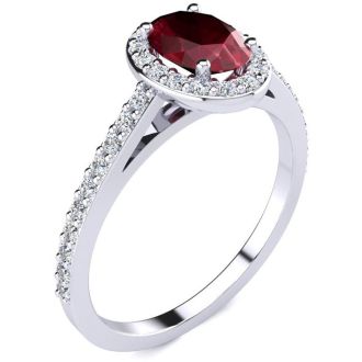 1 1/4 Carat Oval Shape Ruby and Halo Diamond Ring In 14 Karat White Gold