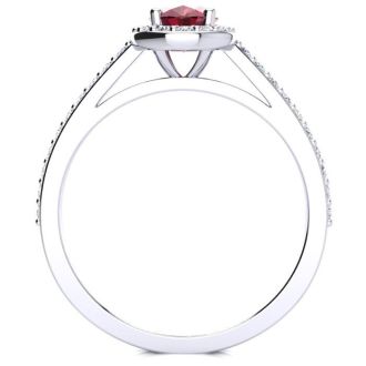 1 1/4 Carat Oval Shape Ruby and Halo Diamond Ring In 14 Karat White Gold