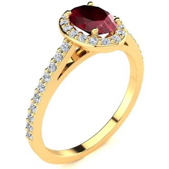 1 1/4 Carat Oval Shape Ruby and Halo Diamond Ring In 14 Karat Yellow Gold