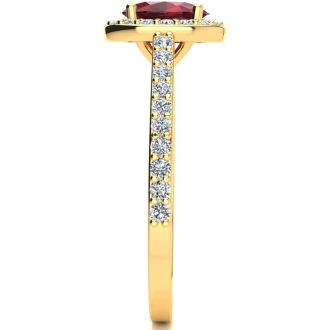 1 1/4 Carat Oval Shape Ruby and Halo Diamond Ring In 14 Karat Yellow Gold