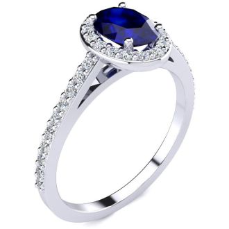 1 1/3 Carat Oval Shape Sapphire and Halo Diamond Ring In 14 Karat White Gold