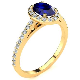 1 1/3 Carat Oval Shape Sapphire and Halo Diamond Ring In 14 Karat Yellow Gold