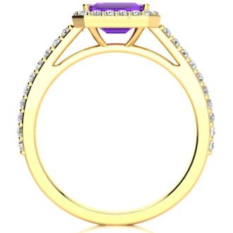 1 1/4 Carat Amethyst and Halo Diamond Ring In 14 Karat Yellow Gold
