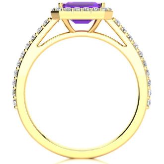 1 1/4 Carat Amethyst and Halo Diamond Ring In 14 Karat Yellow Gold
