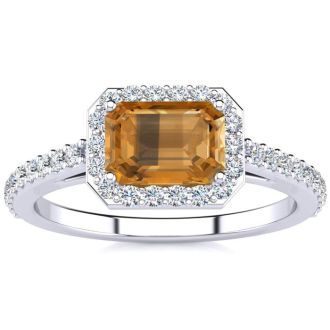 1 1/4 Carat Citrine and Halo Diamond Ring In 14 Karat White Gold