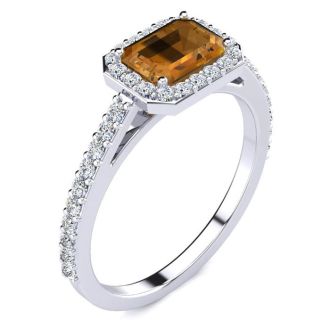 1 1/4 Carat Citrine and Halo Diamond Ring In 14 Karat White Gold