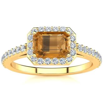 1 1/4 Carat Citrine and Halo Diamond Ring In 14 Karat Yellow Gold