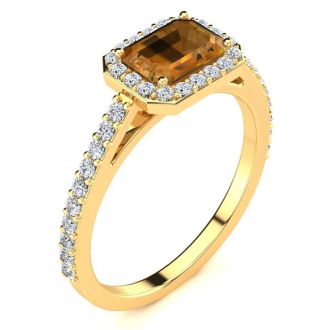 1 1/4 Carat Citrine and Halo Diamond Ring In 14 Karat Yellow Gold