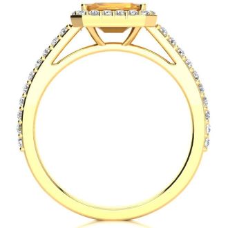 1 1/4 Carat Citrine and Halo Diamond Ring In 14 Karat Yellow Gold