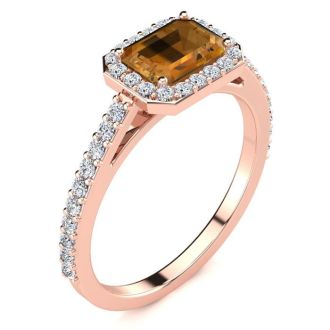 1 1/4 Carat Citrine and Halo Diamond Ring In 14 Karat Rose Gold