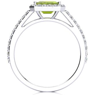 1 1/2 Carat Peridot and Halo Diamond Ring In 14 Karat White Gold