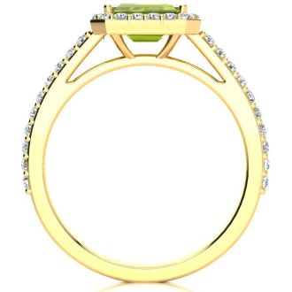 1 1/2 Carat Peridot and Halo Diamond Ring In 14 Karat Yellow Gold