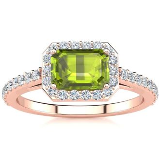 1 1/2 Carat Peridot and Halo Diamond Ring In 14 Karat Rose Gold