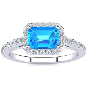 1 1/2 Carat Blue Topaz and Halo Diamond Ring In 14 Karat White Gold