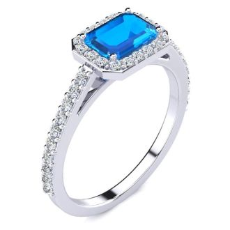 1 1/2 Carat Blue Topaz and Halo Diamond Ring In 14 Karat White Gold