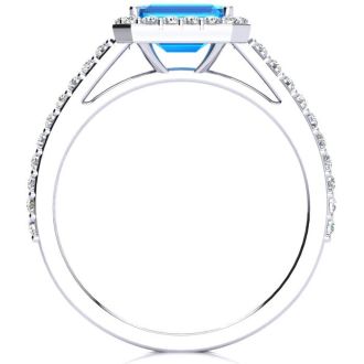 1 1/2 Carat Blue Topaz and Halo Diamond Ring In 14 Karat White Gold