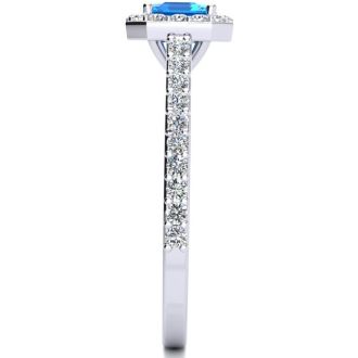 1 1/2 Carat Blue Topaz and Halo Diamond Ring In 14 Karat White Gold