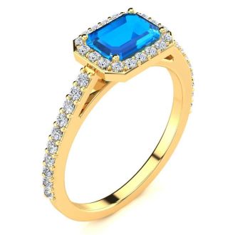 1 1/2 Carat Blue Topaz and Halo Diamond Ring In 14 Karat Yellow Gold