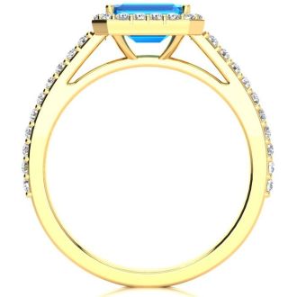 1 1/2 Carat Blue Topaz and Halo Diamond Ring In 14 Karat Yellow Gold