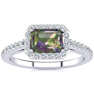 1-1/4 Carat Octagon Shape Mystic Topaz Ring With Diamond Halo In 14 Karat White Gold