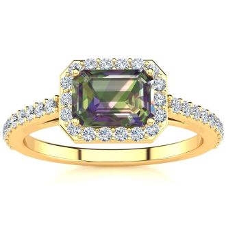 1-1/4 Carat Octagon Shape Mystic Topaz Ring With Diamond Halo In 14 Karat Yellow Gold