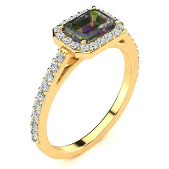 1-1/4 Carat Octagon Shape Mystic Topaz Ring With Diamond Halo In 14 Karat Yellow Gold