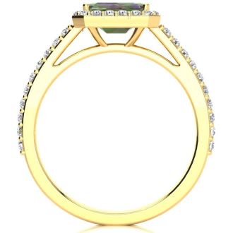 1-1/4 Carat Octagon Shape Mystic Topaz Ring With Diamond Halo In 14 Karat Yellow Gold
