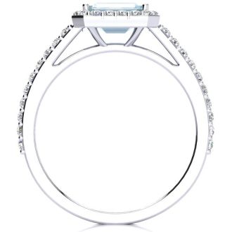 Aquamarine Ring: Aquamarine Jewelry: 1 1/4 Carat Aquamarine and Halo Diamond Ring In 14 Karat White Gold
