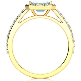 Aquamarine Ring: Aquamarine Jewelry: 1 1/4 Carat Aquamarine and Halo Diamond Ring In 14 Karat Yellow Gold