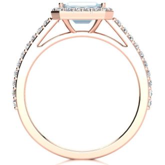 Aquamarine Ring: Aquamarine Jewelry: 1 1/4 Carat Aquamarine and Halo Diamond Ring In 14 Karat Rose Gold