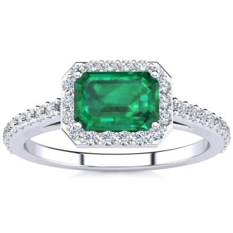 1 1/4 Carat Emerald and Halo Diamond Ring In 14 Karat White Gold