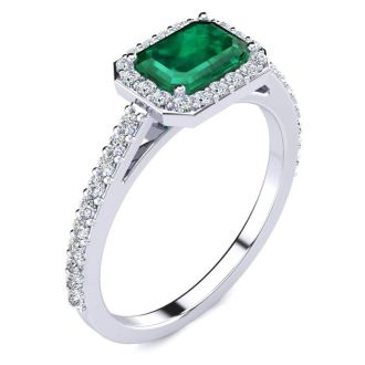 1 1/4 Carat Emerald and Halo Diamond Ring In 14 Karat White Gold