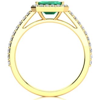 1 1/4 Carat Emerald and Halo Diamond Ring In 14 Karat Yellow Gold