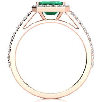 1 1/4 Carat Emerald and Halo Diamond Ring In 14 Karat Rose Gold