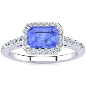 1 1/2 Carat Tanzanite and Halo Diamond Ring In 14 Karat White Gold