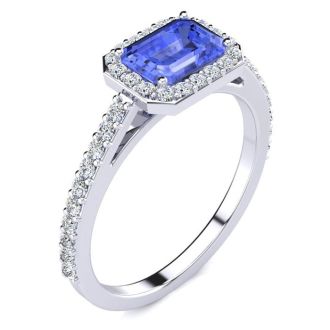 1 1/2 Carat Tanzanite and Halo Diamond Ring In 14 Karat White Gold