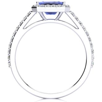 1 1/2 Carat Tanzanite and Halo Diamond Ring In 14 Karat White Gold