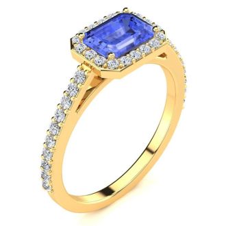 1 1/2 Carat Tanzanite and Halo Diamond Ring In 14 Karat Yellow Gold