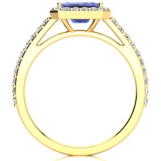1 1/2 Carat Tanzanite and Halo Diamond Ring In 14 Karat Yellow Gold