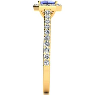 1 1/2 Carat Tanzanite and Halo Diamond Ring In 14 Karat Yellow Gold