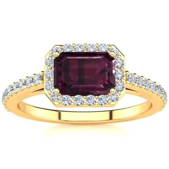 Garnet Ring: Garnet Jewelry: 1 1/2 Carat Garnet and Halo Diamond Ring In 14 Karat Yellow Gold