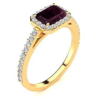 Garnet Ring: Garnet Jewelry: 1 1/2 Carat Garnet and Halo Diamond Ring In 14 Karat Yellow Gold