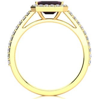 Garnet Ring: Garnet Jewelry: 1 1/2 Carat Garnet and Halo Diamond Ring In 14 Karat Yellow Gold